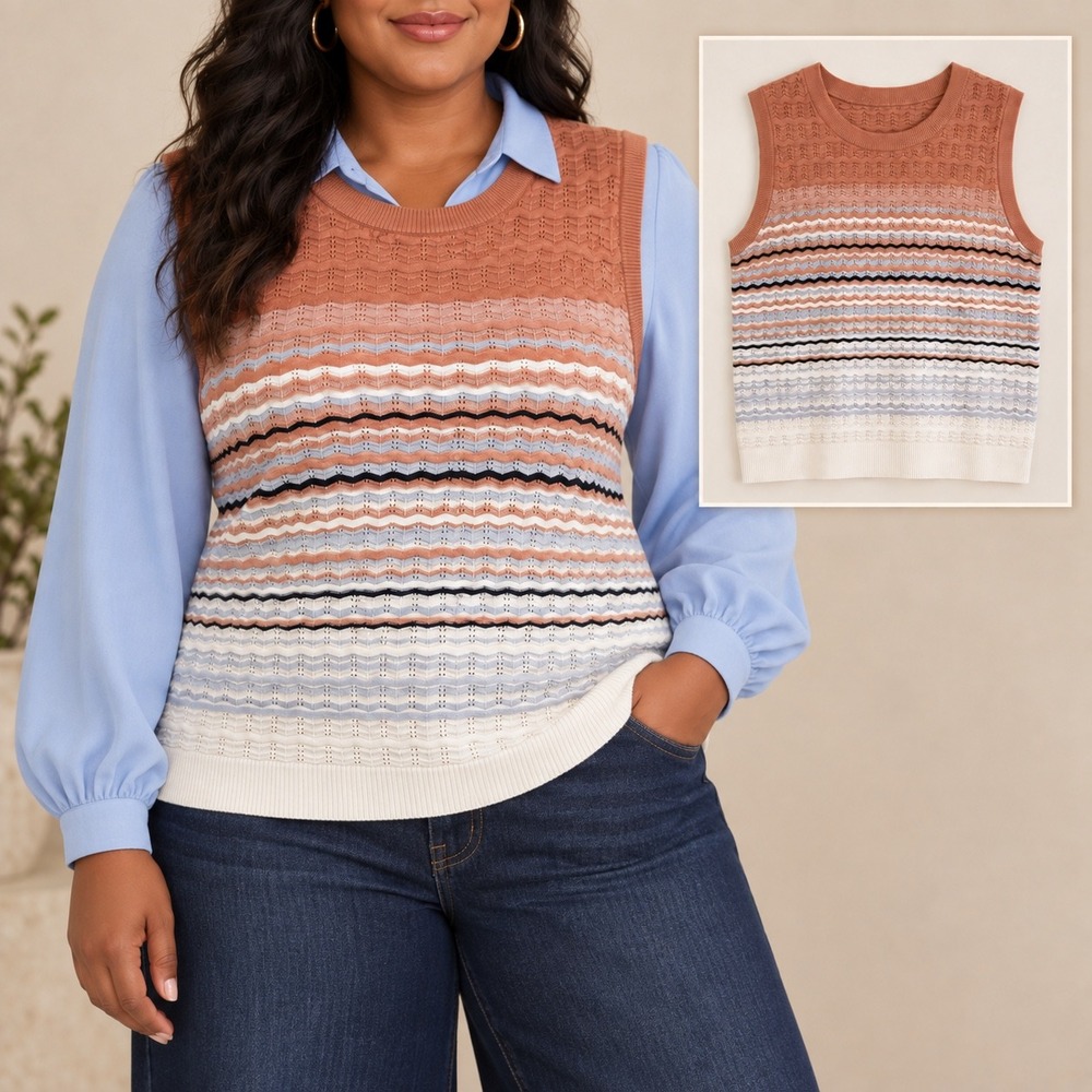 XL 235 Liz Claiborne Chevron Pointelle Knit Sweater Vest Multicolor Striped Boho